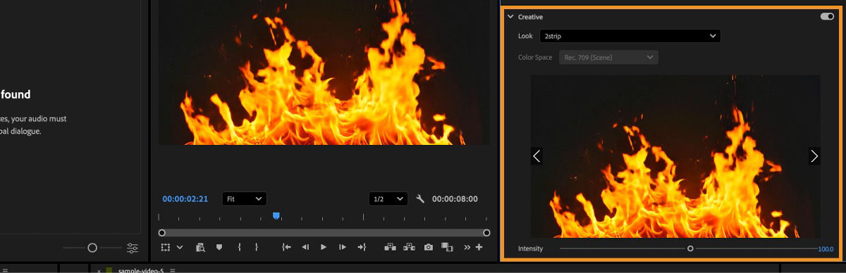 The Creative property is expanded and there are options to select a Look and also set the intensity for the selected clip.