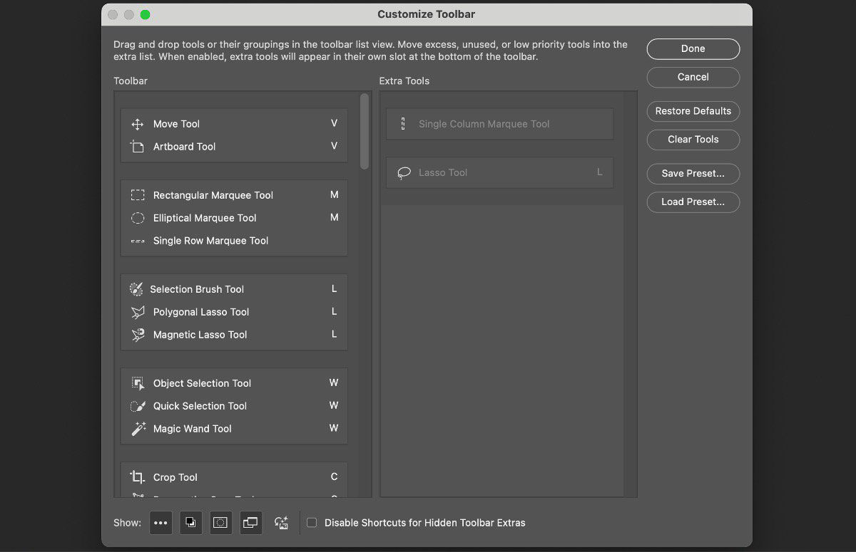 The Customize Toolbar dialog shows tools moving from the Extra Tools list to the Toolbar list.