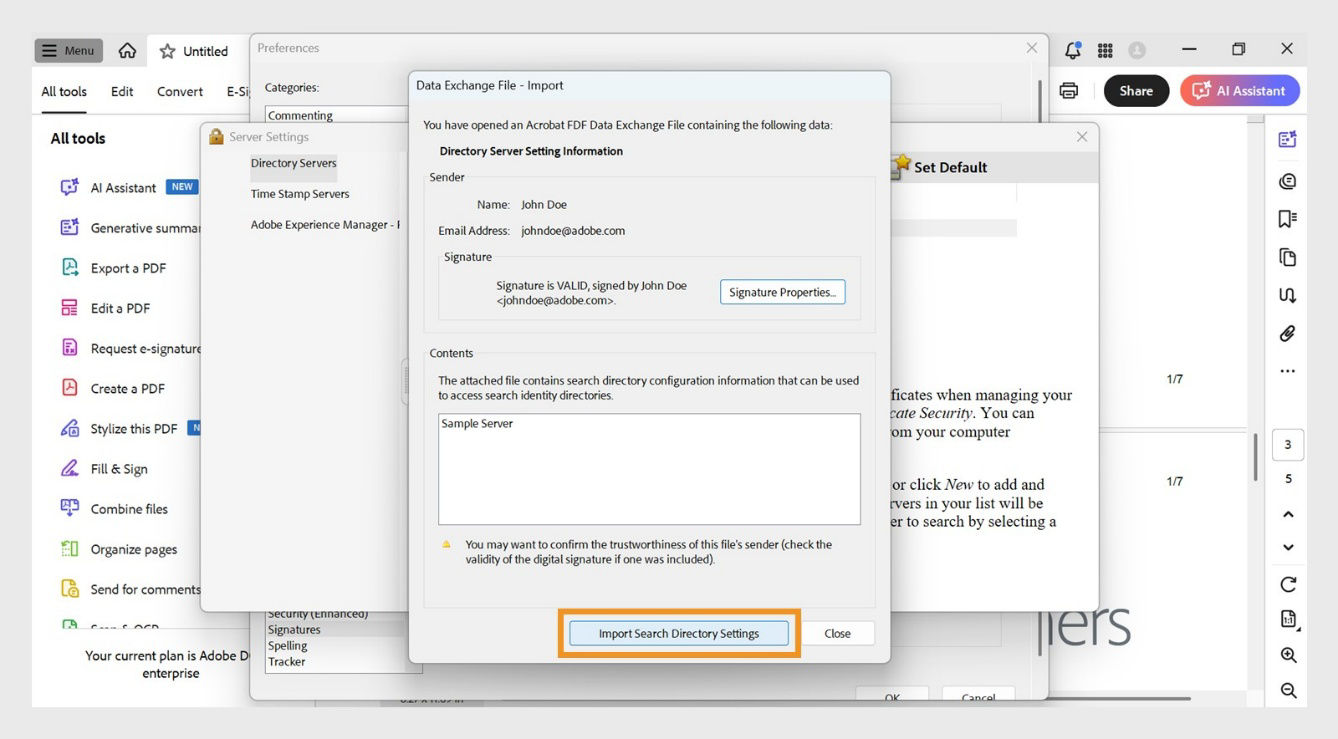 The Data Exchange File - Import dialog box displays the Signature Properties and Import Search Directory Settings options for checking signature status and importing directory settings.