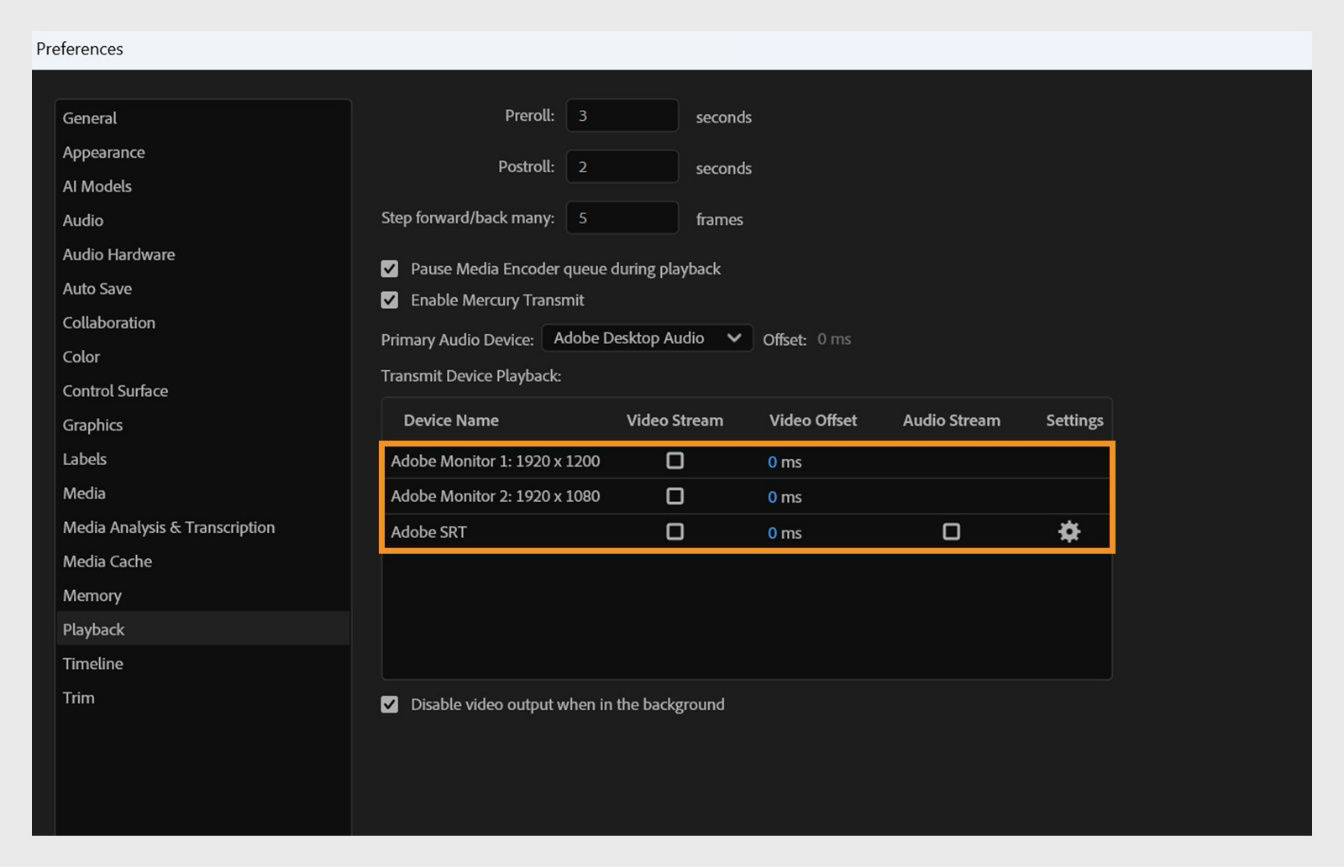 The Device Name options are highlighted in the Playback pane of the Preferences dialog box.