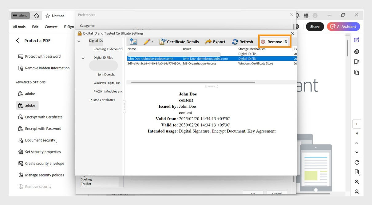 The Digital ID and Trusted Certificate Settings dialog box shows a digital ID selected and the Remove ID option highlighted.