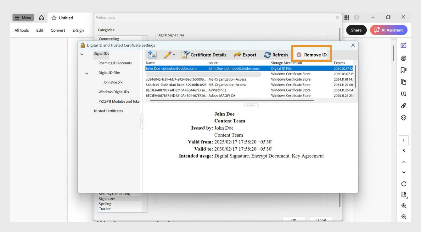 The Digital ID and Trusted Certificate Settings dialog box displays a digital ID selected and the Remove ID option highlighted.
