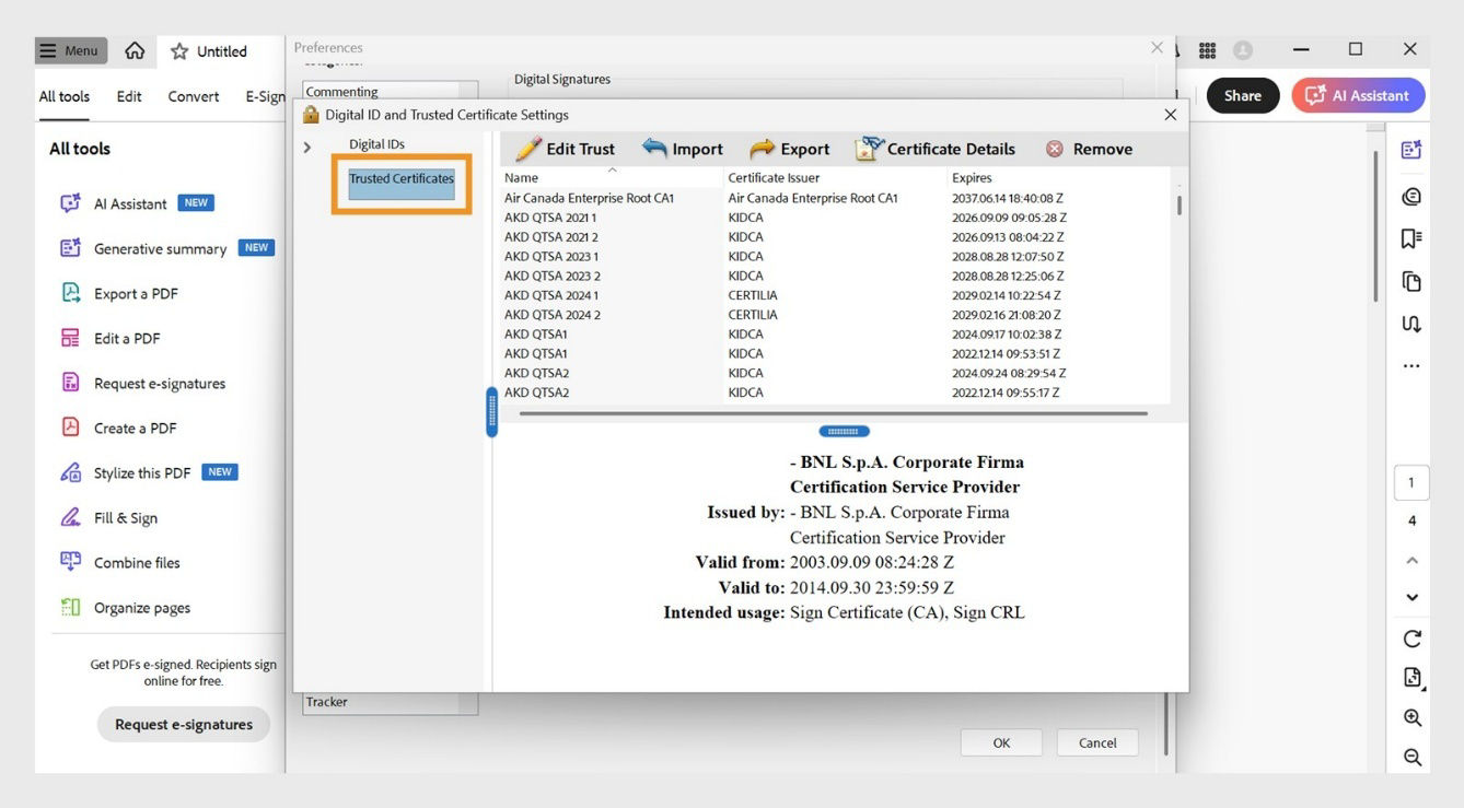 The Digital ID and Trusted Certificate Settings dialog box displays the list of Trusted Certificates with the following options: Edit Trust, Import, Export, Certificate Details, and Remove.
