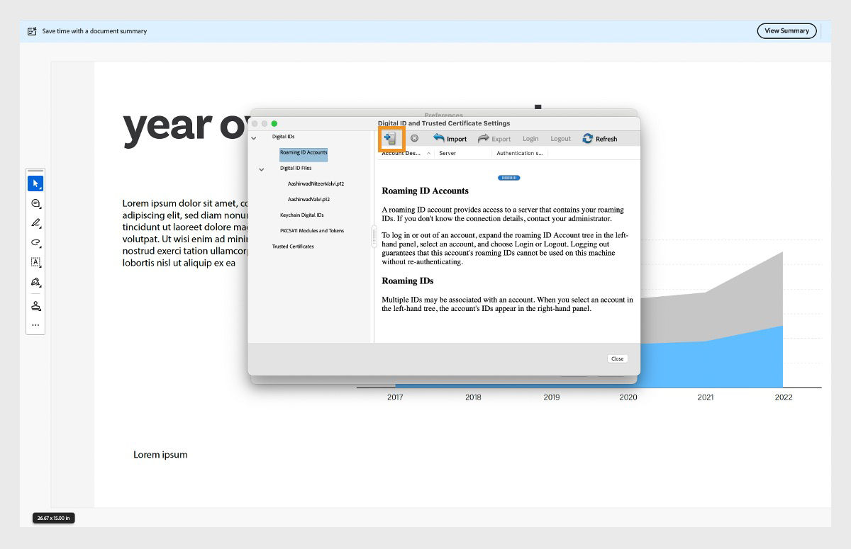 The Digital ID and Trusted Certificate Settings dialog box shows the Add ID option along with Import and Refresh under the Roaming ID Accounts section.