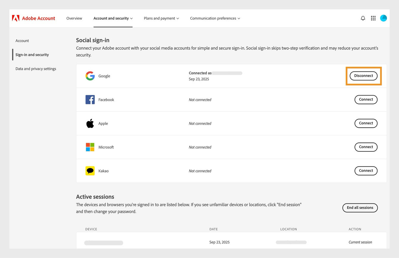 The Disconnect button, available at the right side of the screen under Social sign-in, allows you to disconnect your social media accounts from your Adobe account. 