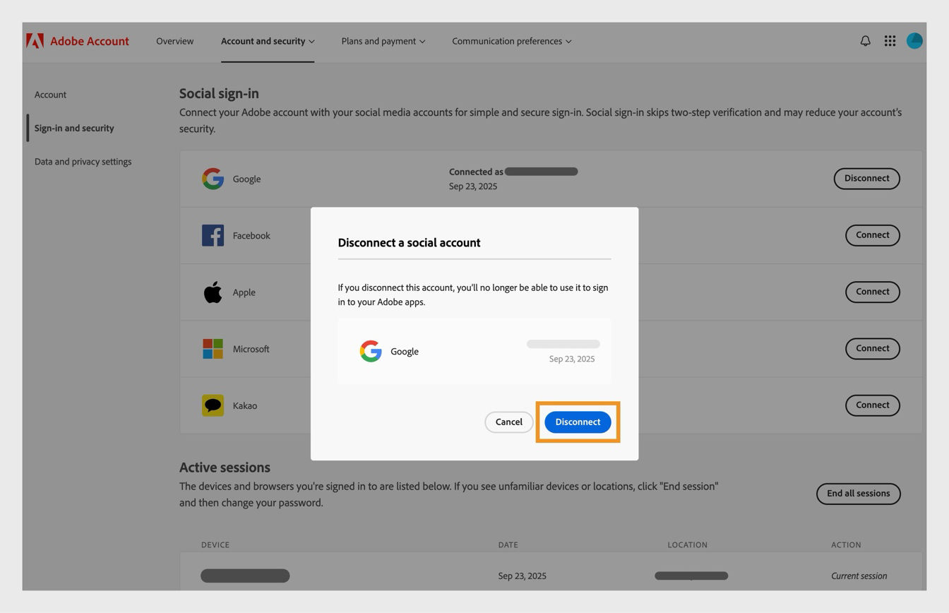 The Disconnect button in the confirmation dialog box allows you to confirm that you want to disconnect your social media account from your Adobe account.