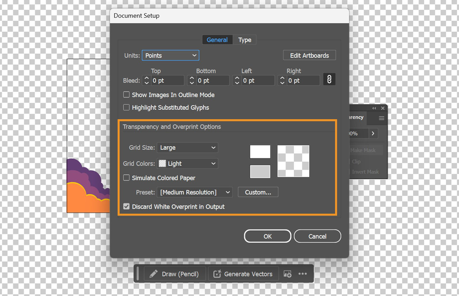 The Document Setup dialog box with the Transparency and Overprint Options section highlighted.