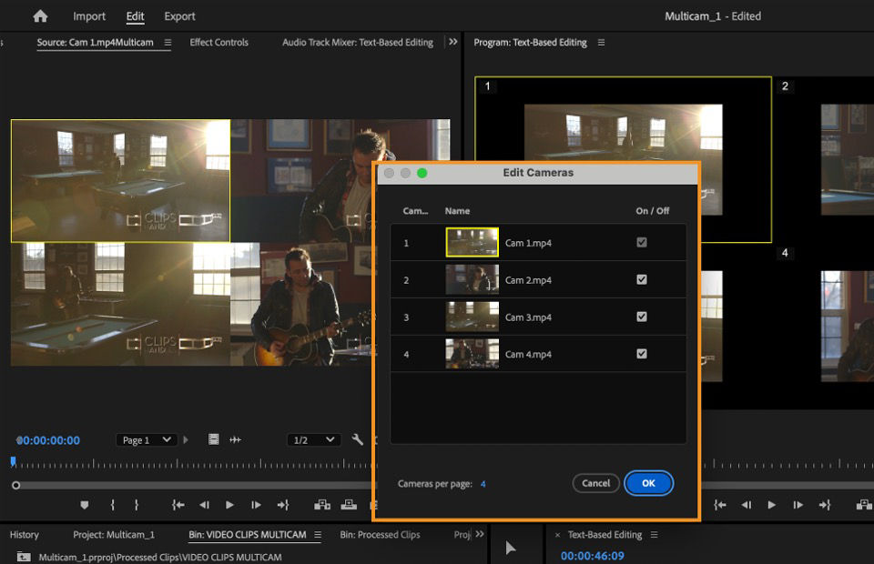 The Edit Cameras dialog box is open and there is an option where you can rearrange the order of the cameras and activate or deactivate them.