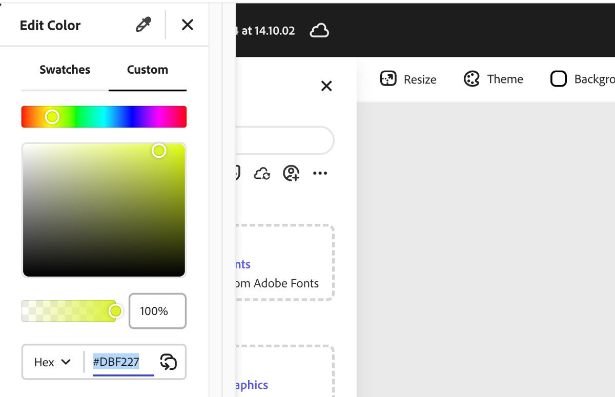 The Edit Color dialog box is open with the Custom tab selected. It has Hex code #DBF227 highlighted in the Hex field.