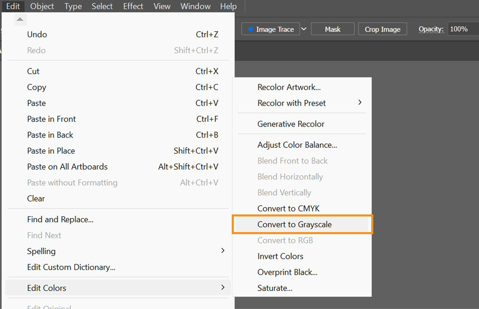 The Edit Colors menu options are displayed on the screen showcasing various options like Recolor Artwork, Generative Recolor, Convert to Grayscale, and more.