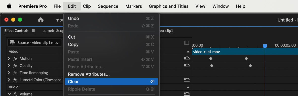 The Edit menu is open, and from the available options, Clear is chosen to delete the selected keyframes.