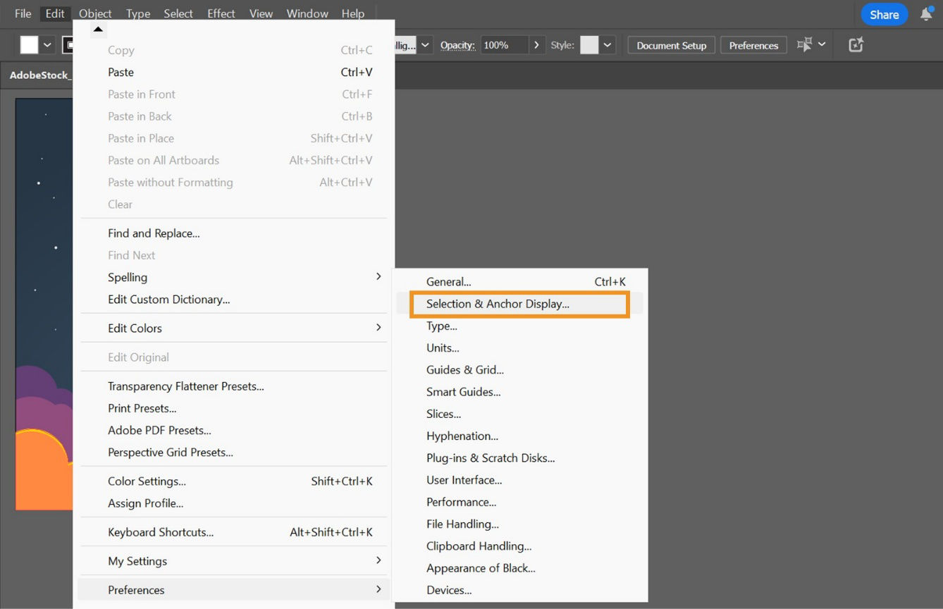 The Edit menu is open with highlighted Selection & Anchor Display, under Preferences.
