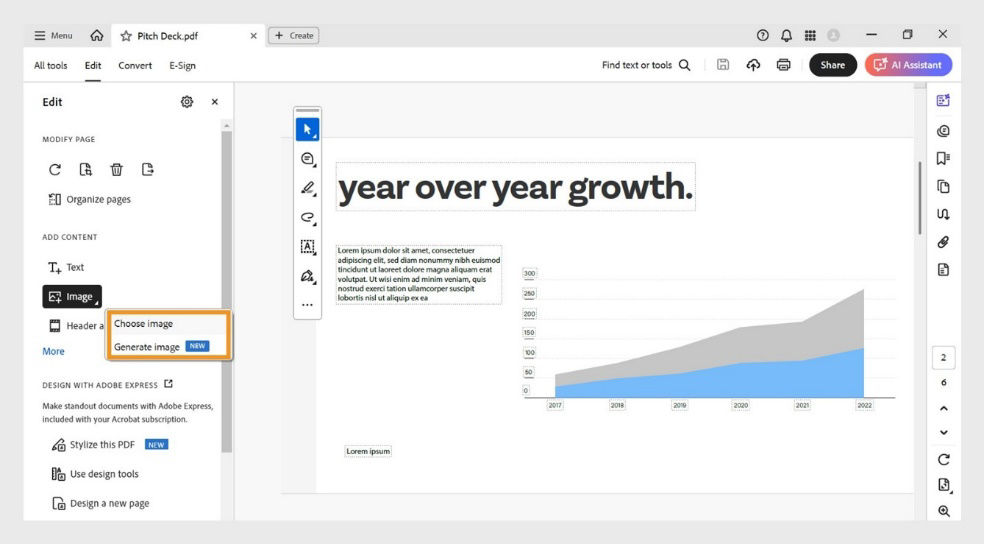 The Edit panel displays the Image dialog box, which has two options for adding images: Choose image and Generate image.