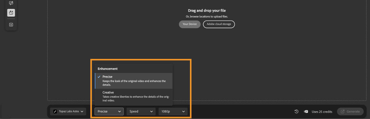 The Edit tab is open and displays video upscaling options, such as Enhancement, Details, and Resolution.