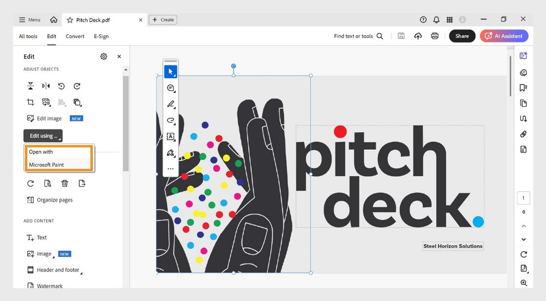 The Edit using menu in the Edit panel displays two options Open with and Microsoft Paint.