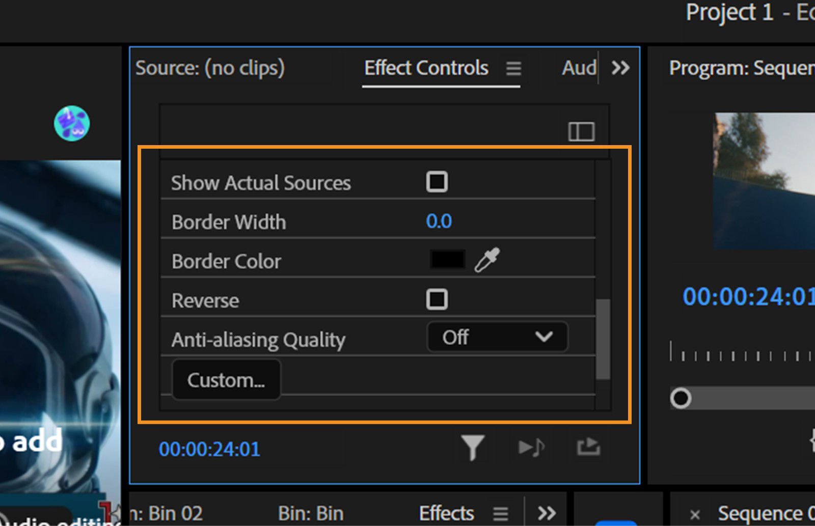 The Effect Control panel displays transition settings including Border Width, Border Color, and other customizable options. You can modify transition settings to tailor the visual style and timing of your video edits.