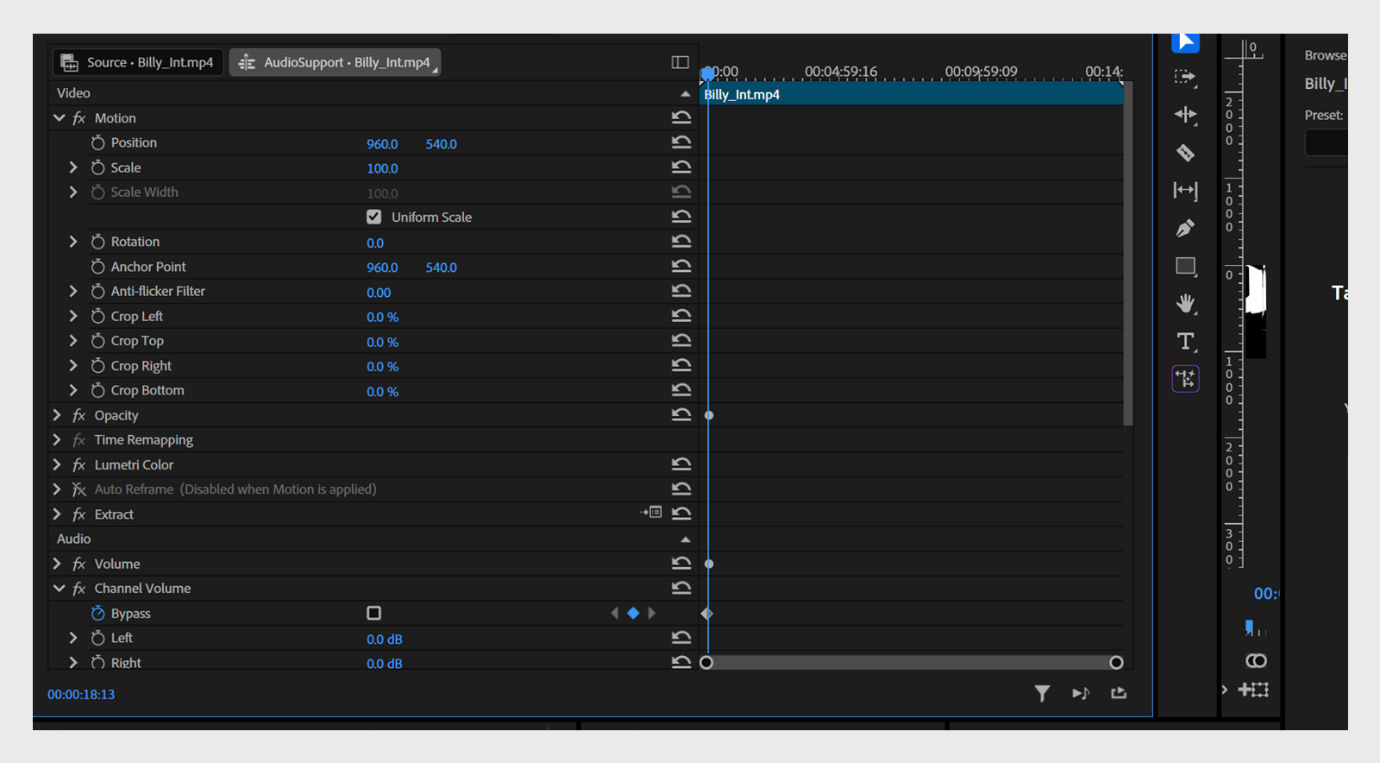 The Effect Controls panel is open, displaying the video and audio effects applied to the clip, along with their adjustable properties.