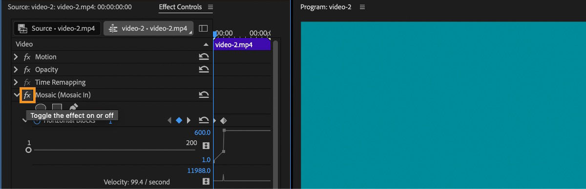 The Effect Controls panel is open and the effects toggle for the applied effects is highlighted to turn it on or off.