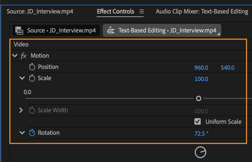 The Effects Control panel in Premiere Pro with the Motion effect expanded to show its controls.
