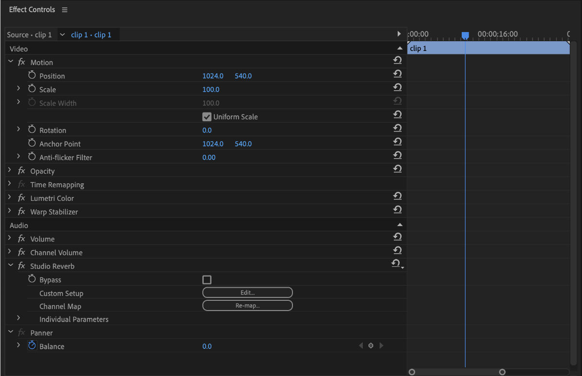 The Effects Controls panel shows the list of effects applied to the clip. It has all the effects listed with the option to expand and view respective properties.