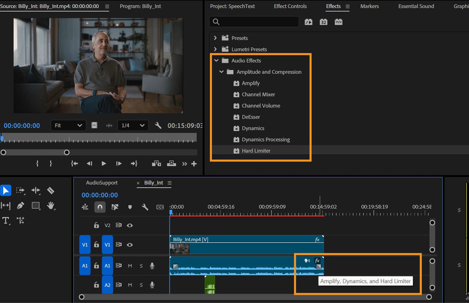 The Effects panel is open with Audio Effects highlighted. The Timeline is displayed, and the mouse hovers over an audio clip, showing its applied effects.