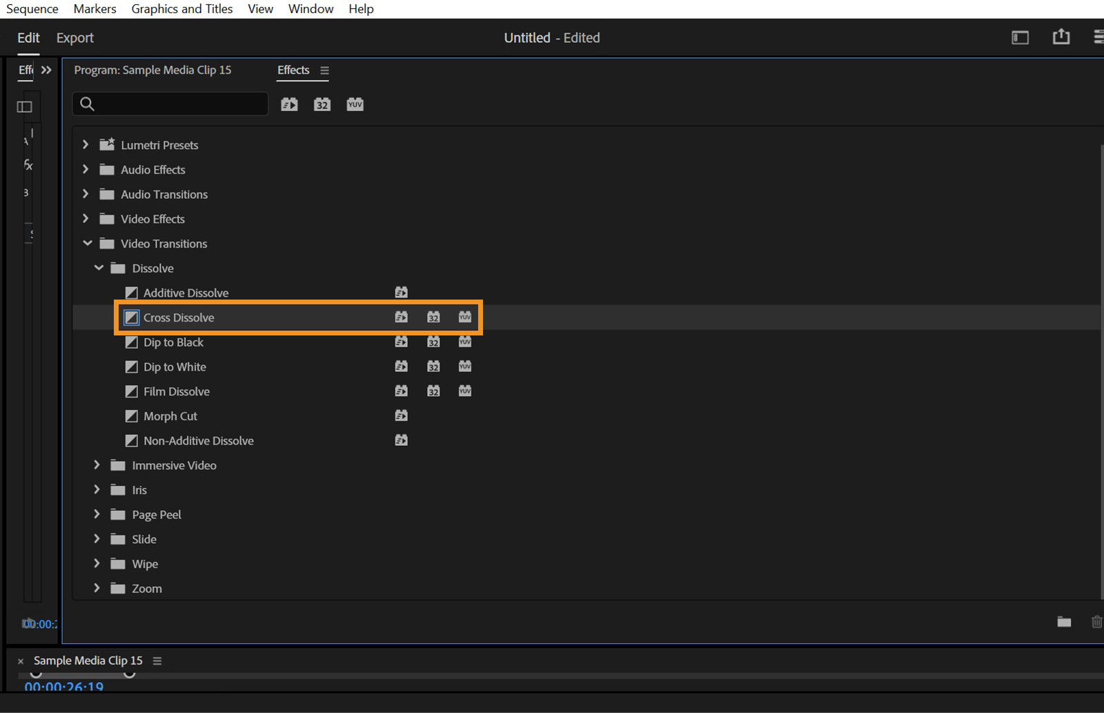 The Effects panel is open and among the list of effects, the Cross Dissolve transition is highlighted.
