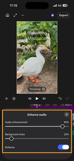 The Enhance audio panel with sliders for Audio enhancement and Background noise and the Enhance toggle switched on.
