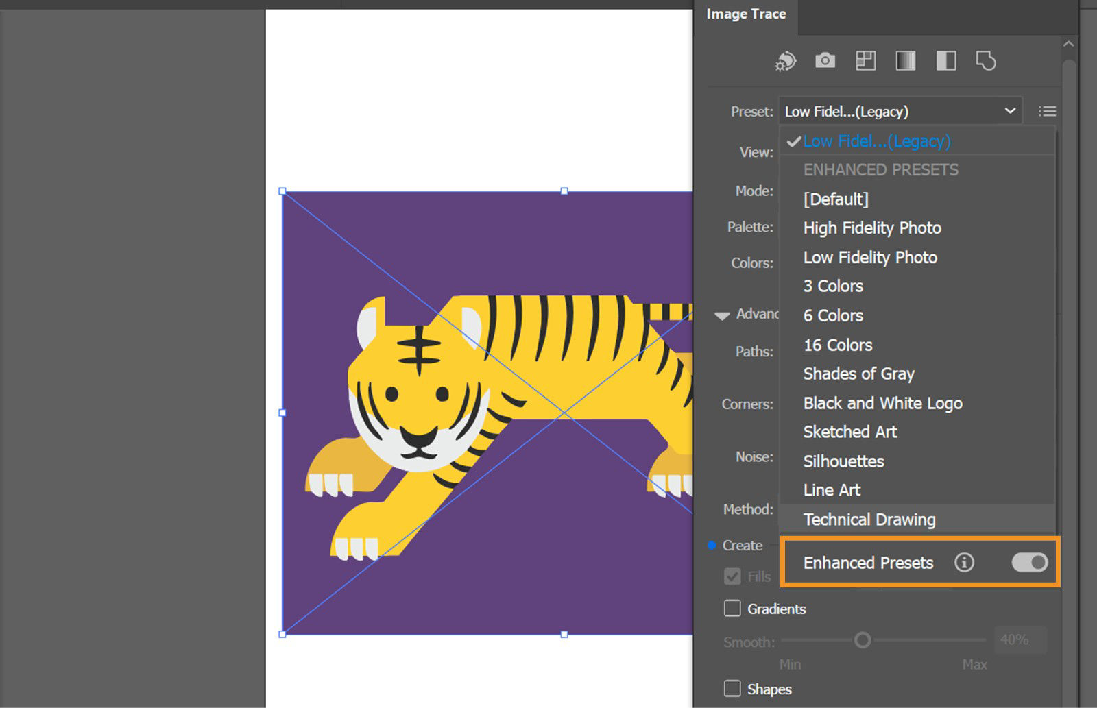 The Enhanced Presets toggle option is highlighted under the Preset drop-down menu in the Image Trace panel.