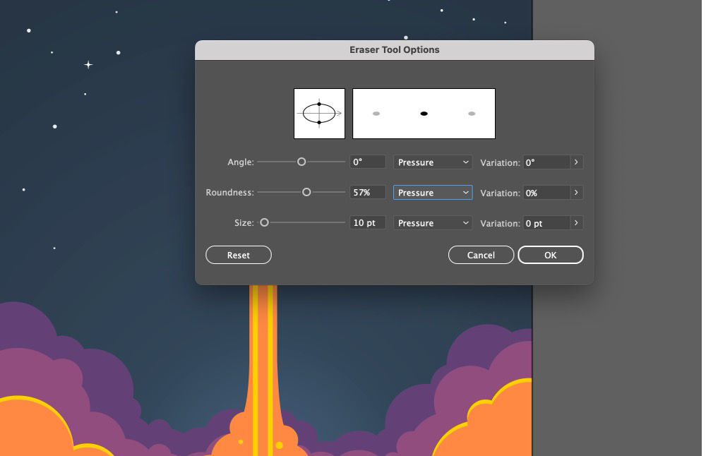 The Eraser Tool Options dialog in Illustrator shows the angle, roundness, and size settings over artwork, and the Pressure option selected from the dropdown menu.
