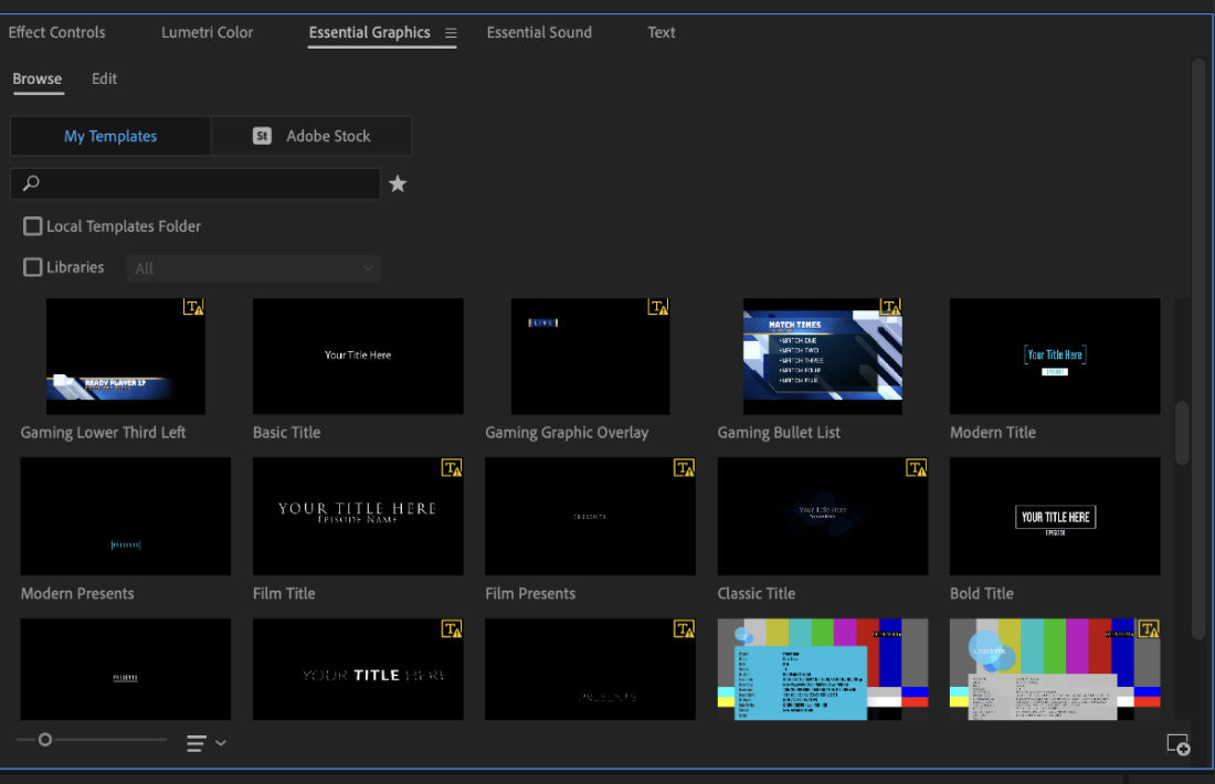 The Essential Graphics panel with the Browse tab is open. The tab has installed Motion Graphics templates listed.