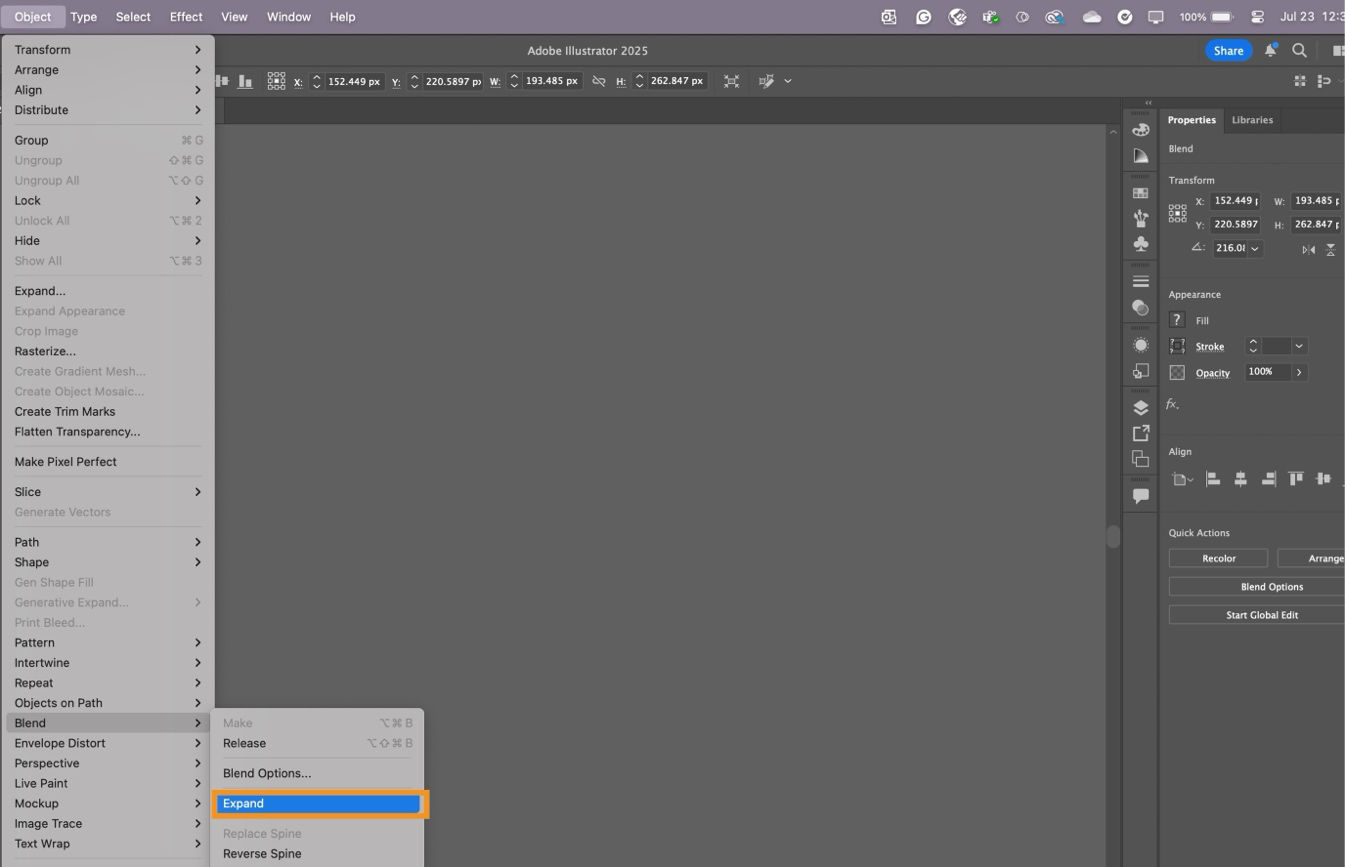 The Expand option is highlighted under the Object > Blend menu in Adobe Illustrator.