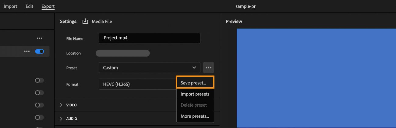 The Export tab is open and the option to save the preset is highlighted.