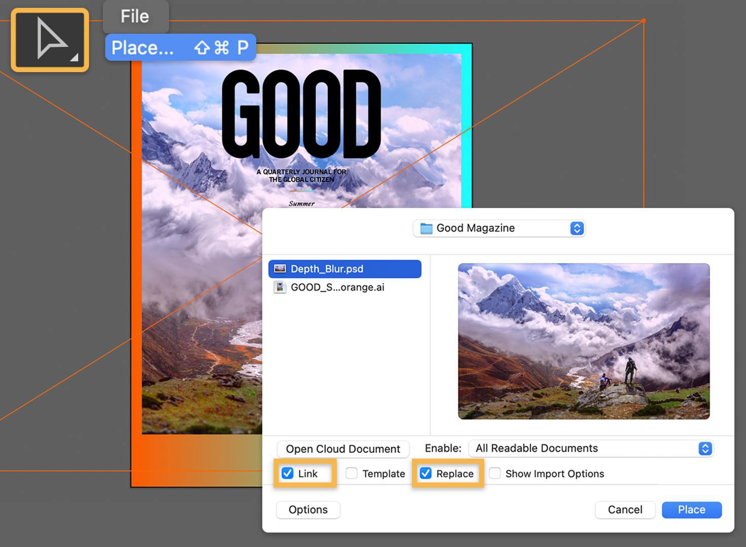 The File > Place menu is selected, the Link and Replace boxes are check in the file dialog and placement marks appear around the image.