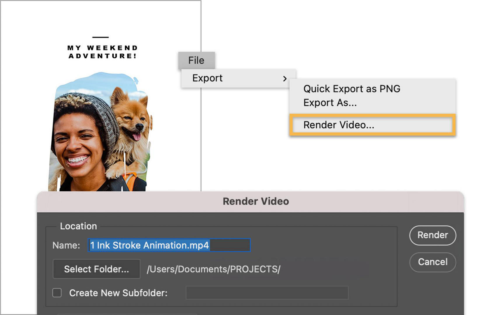 The File menu is highlighted with the Export option shown above a flyout menu in which the Render Video option is outlined in yellow. The Render Video menu is open and the file name field is highlighted in blue.