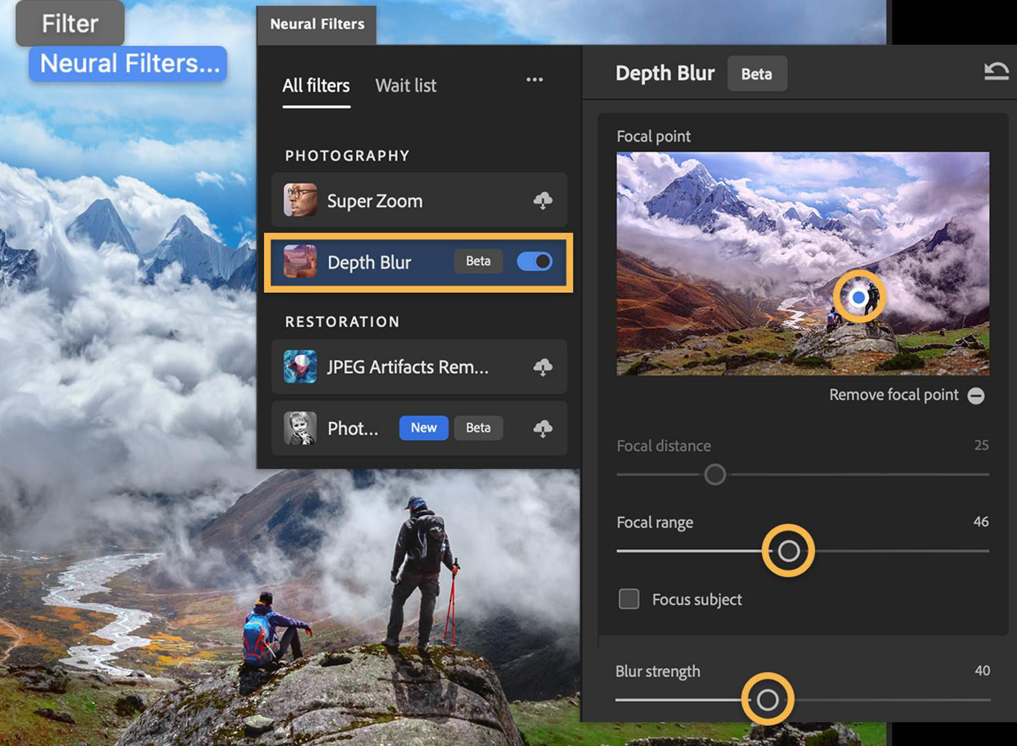 The Filter > Neural Filters menu is selected and the Depth Blur is applied to the landscape image. Focal range is 46 and Blur strength is 40.