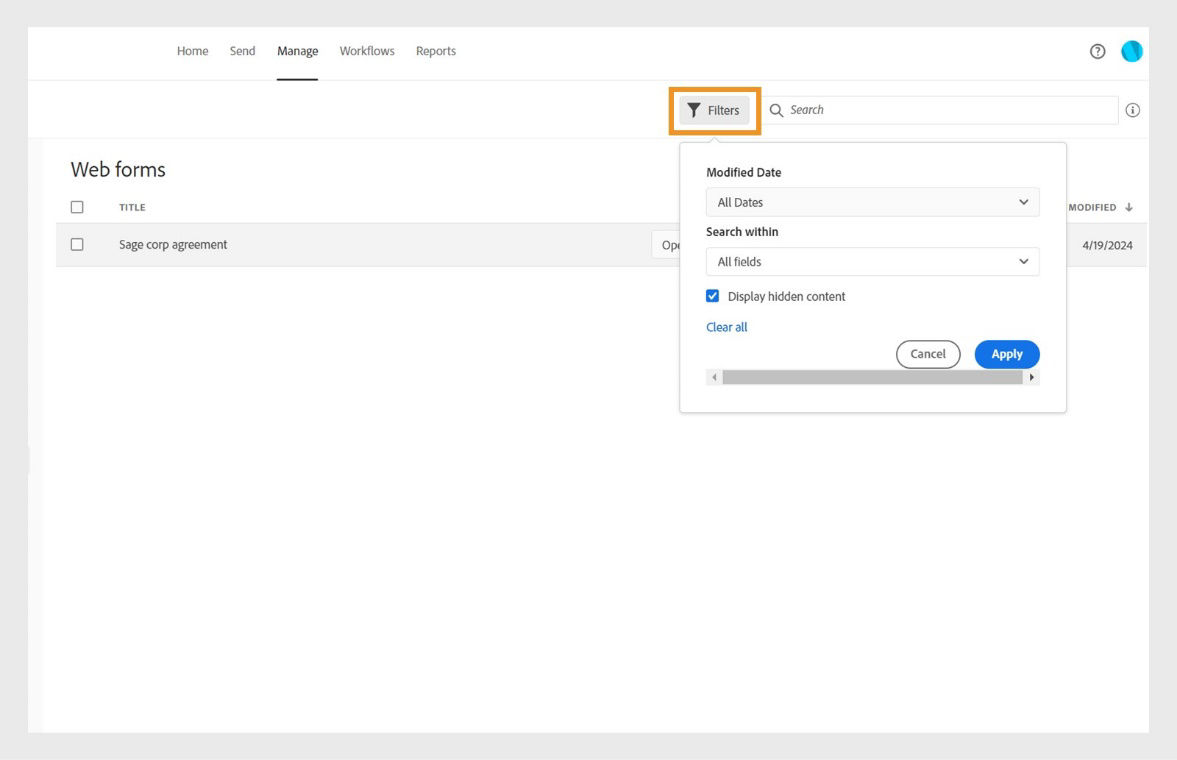 The Filters dialog shows options to filter documents by modified date or content within. It also provides an option to display hidden content.