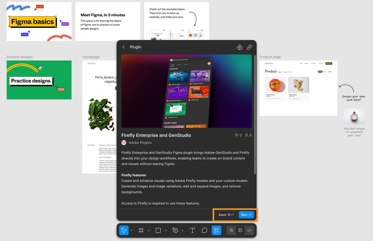 The Firefly Enterprise and GenStudio plugin is displayed in a Figma workspace with options to Save and Run.