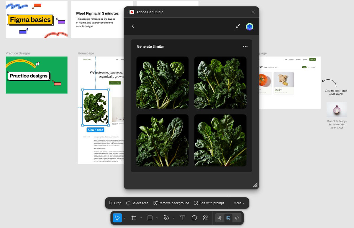 The Firefly panel on Figma displays four images similar to the one selected on the Figma canvas.