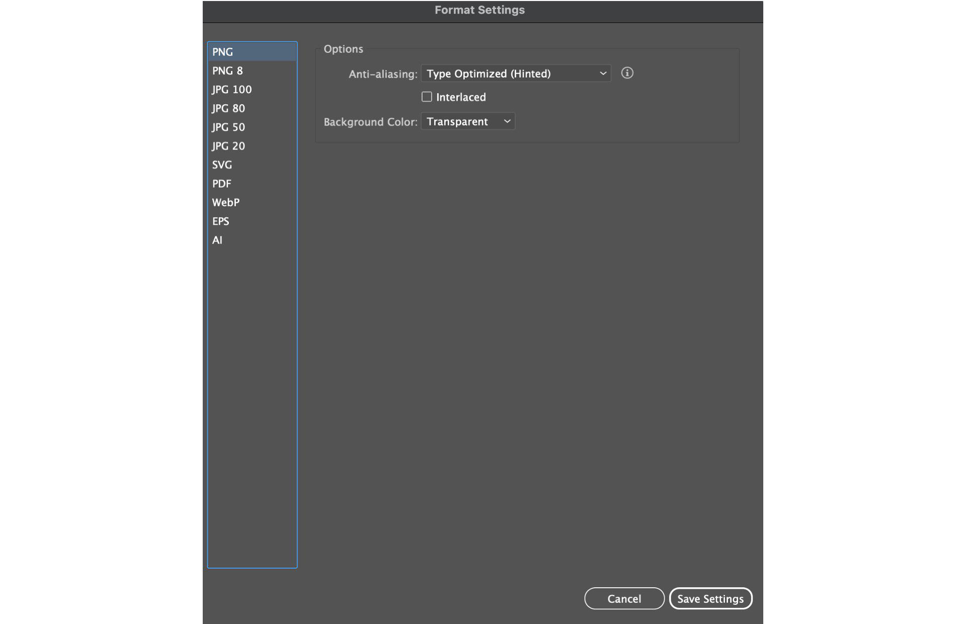 The Format Settings dialog lists file formats and shows PNG options for anti-aliasing, interlacing, and background color.