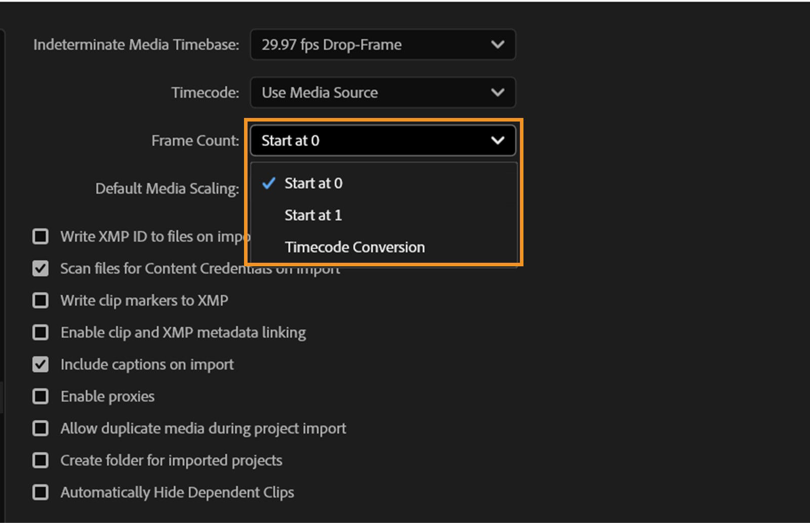 The Frame Count dropdown is highlighted in the Media Preferences dialog box.