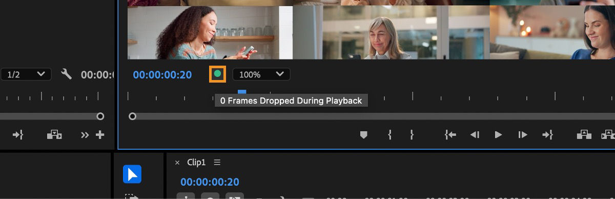 The Frame Drop Indicator is selected, and the tooltip confirms that no frames were dropped during playback.