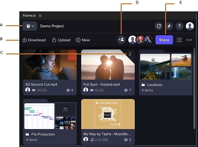 The Frame.io panel displays a project with options to upload, download, and create media. Media files are shown with thumbnails and details. Collaborator icons, sharing options, and settings are included in the interface.