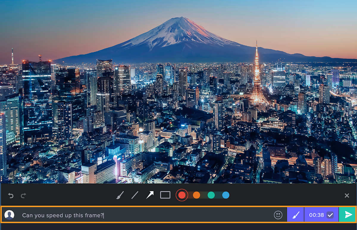 The Frame.io review interface displays a video paused at the 38-second mark. A reviewer has added a time-stamped comment: Can you speed up this frame? Annotation tools, such as drawing, text, shapes, and color options, are displayed above the comment box, allowing reviewers to visually mark up frames for clear feedback.