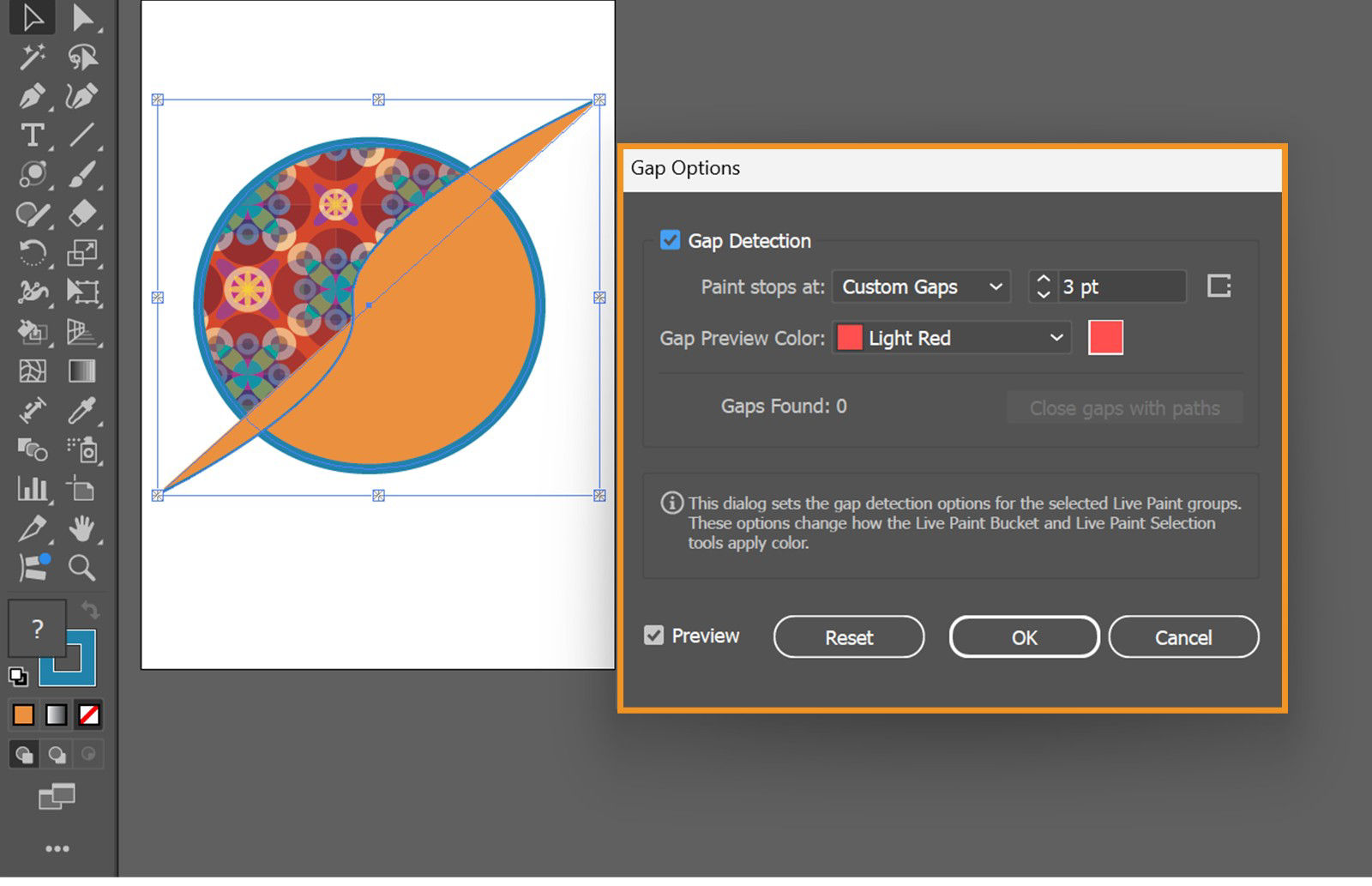 The Gap Options dialog box displays options to adjust settings for gap detection, paint stop size, preview color, number of gaps found, and the option to close the gaps with paths.