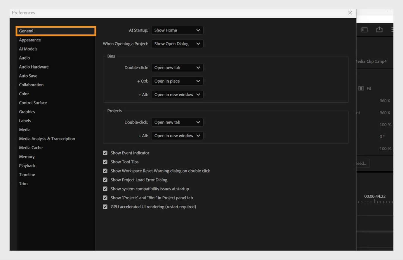 General panel of the Preference dialog box displays various options for customizing Premiere Pro such as At Startup, When Opening a Project, Bins, and many more.