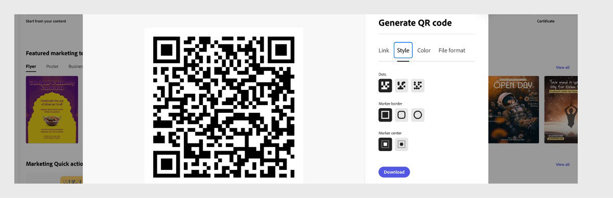 The Generate QR code prompt is open and it has mutliple tabs such as Link, Style, Color, and File format. The Style tab is selected which has style options to select from.