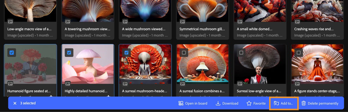 The Generation history tab in Firefly displays multiple selected assets and a toolbar menu.