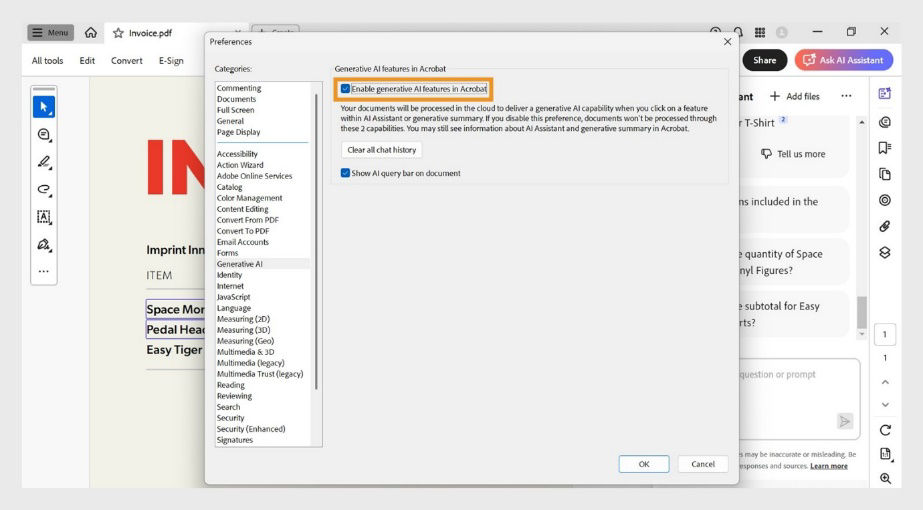 The Generative AI Preferences window is open with options to Enable generative AI features in Acrobat, Clear all chat history, and more. 