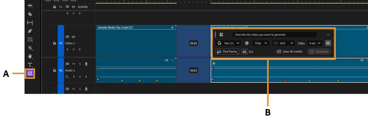 The Generative Media Tool in the toolbar and the generative task bar displayed over the selected range in the Premiere timeline.