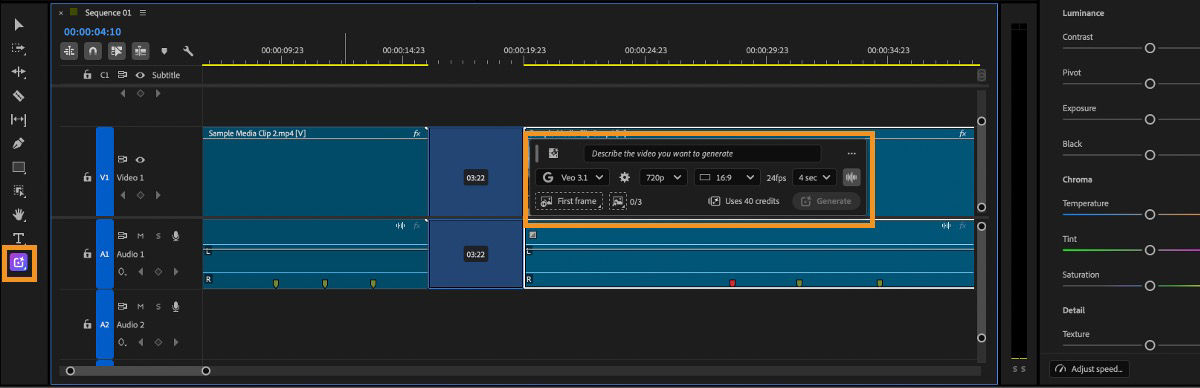 The Generative Media Tool opens the generative task bar after a range is selected in the Premiere timeline.